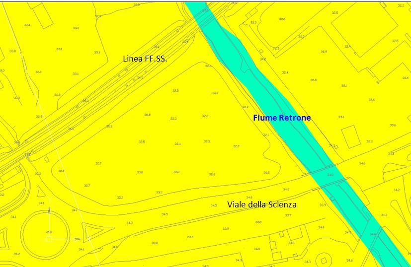 Fig. 2.2 Dettagli morfologici e altimetrici dell area in destra Retrone a valle del ponte ferroviario di Creazzo.