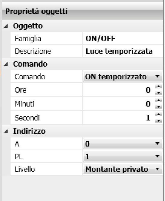 MH0 Configurazione LUCE TEMPORIZZATA. OGGETTO. COMANDO Seleziona il tipo di comando che esegue l oggetto ed imposta la durata dell accensione, inserendo un valore nei i campi Ore, Minuti e Secondi.