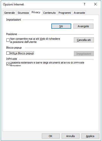 Configurazione Internet Explorer (sblocco Pop-up) Accertarsi che non sia