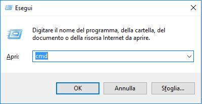 successivi: Aprire il menu Start di Windows Esegui comando cmd.