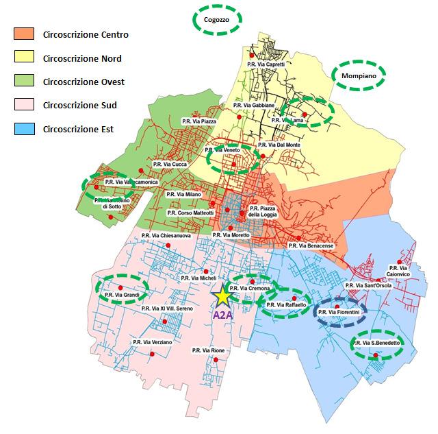 Fig. 3 - Punti di prelievo per i controlli routinari sull acqua distribuita Evidenziati in verde sono i punti di prelievo selezionati per il presente monitoraggio.