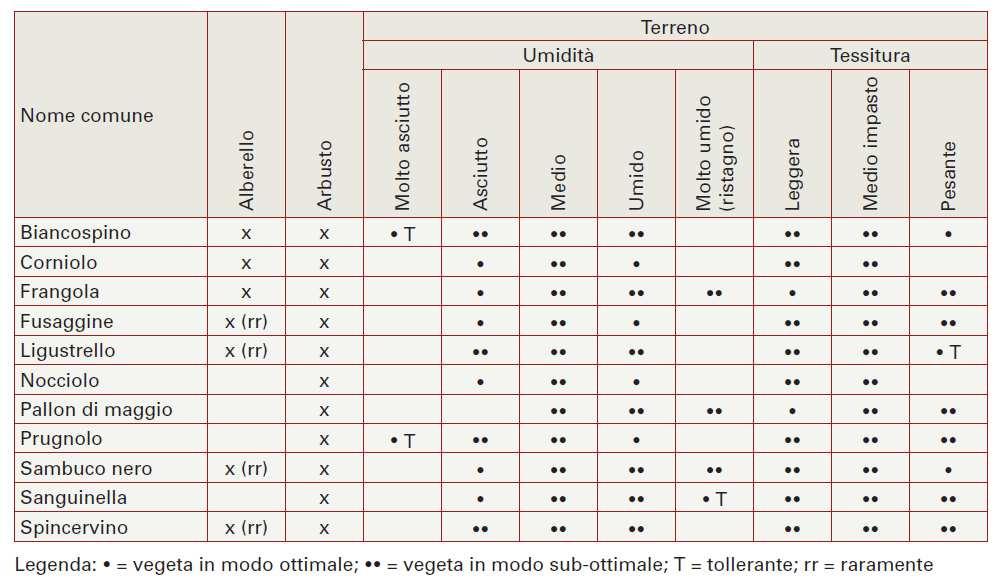 Nella tabella seguente vengono fornite alcune indicazioni utili sulle principali specie utilizzate in particolare sulla preferenza del terreno in riferimento all umidità e alla tessitura.