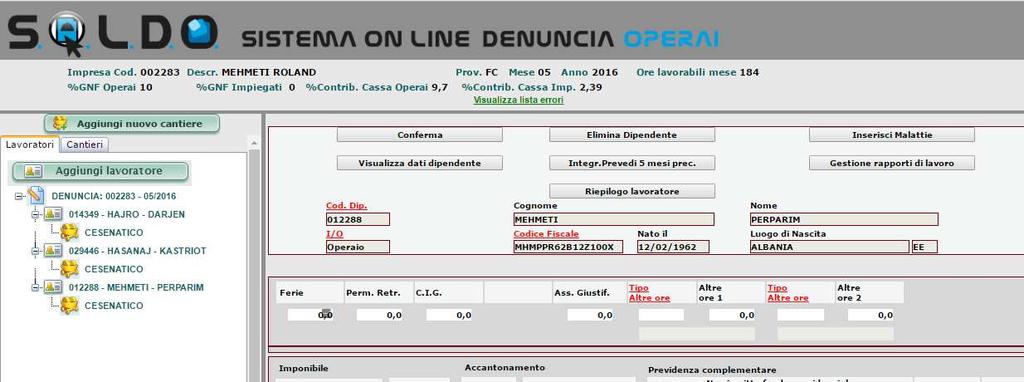 2) Scheda operaio caso 1, vengono evidenziati gli importi del contributo APE (comprensivo dell integrazione FNAPE) e dell integrazione FNAPE CASO 1 Dettaglio del calcolo di un operaio con un