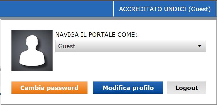 Cliccand sul nme utente si aprirà un ppup che permetterà di eseguire le seguenti perazini: Cambiare la passwrd; Mdificare il prfil; Effettuare il Lgut.