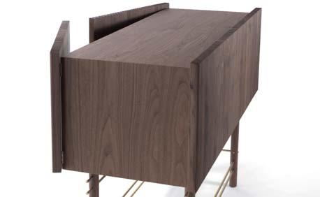 Solid walnut and veneer wood / Satin-finish brassed metal; Wood or glass internal shelves; Pull-out wood tray on