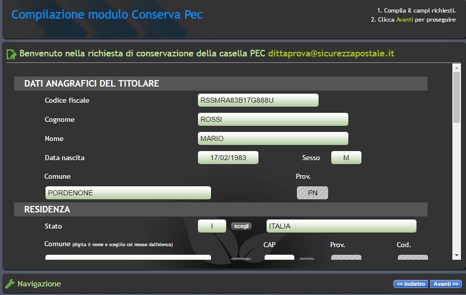 4. cliccare su Avanti ed inserire la prima parte dei dati necessari per la richiesta di attivazione, ovvero: 1.