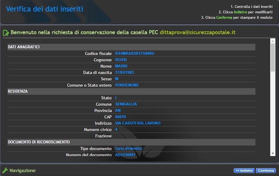 La procedura propone i dati inseriti al