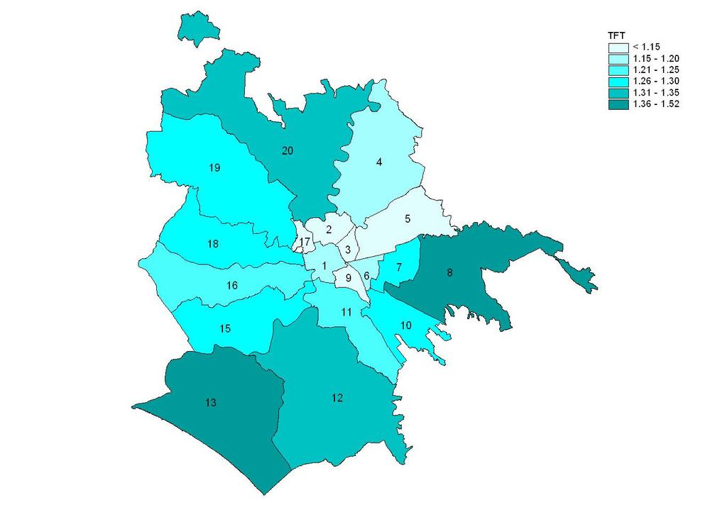 Grafico 8 - Tasso di fecondità totale per Municipio - Anno 2007 1.60 1.40 1,26 1.20 1.00 0.80 0.60 0.40 0.20 0.