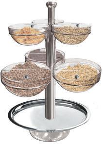 Espositore cereali/frutta Espositore cereali con 3 ciotole di vetro cm. 14 e 3 ciotole di vetro cm. 23 con 6 coperchi ribaltabili Glass cereal stand with 3 bowls cm. 14 and 3 bowls cm.