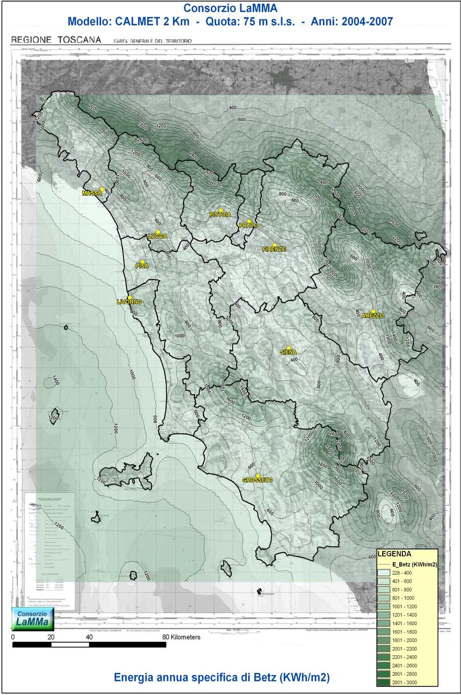 Mappe delle potenzialità eoliche della regione Toscana Fig.