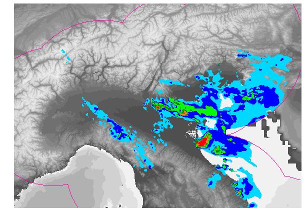 Figura 6: Mappe di precipitazione istantanea dal mosaico radar di protezione Civile nazionale del 16/04/2017 alle 14:00 UTC (in