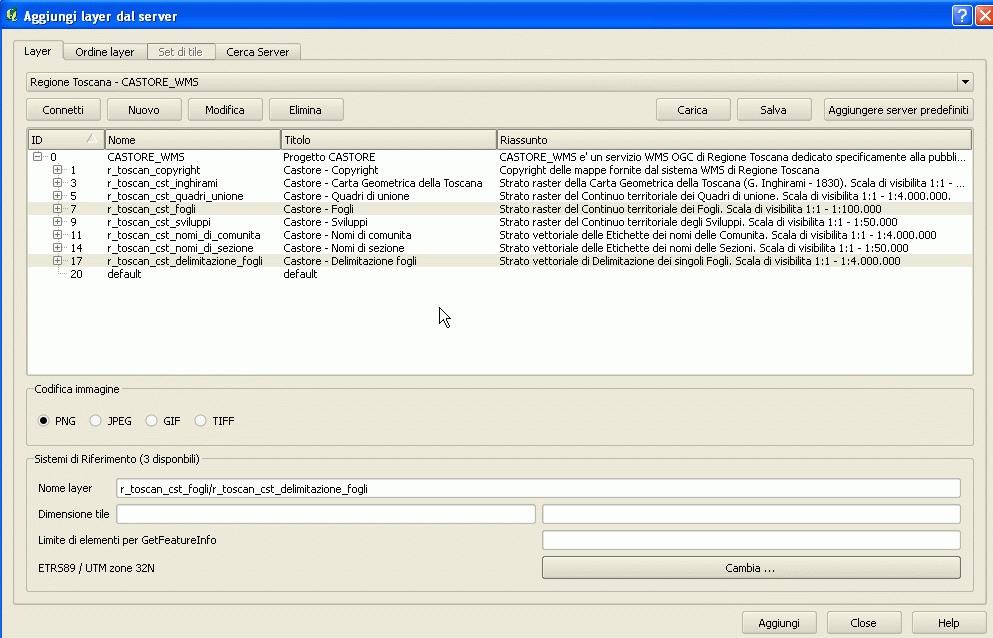 prescelto (in questo caso Regione Toscana CASTORE_WMS). La lista cosi' reperita rappresenta l'elenco degli strati disponibili sul Server WMS prescelto per la connessione.