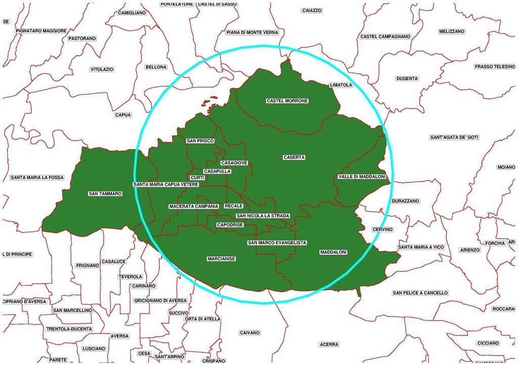 Figura 14 - Area urbana di Caserta ipotesi raggio vettore Tabella 16 - Comuni rientranti nell area urbana di Caserta Confini comunali inscritti nel raggio vettore - Caserta Codice ISTAT Nome Comune