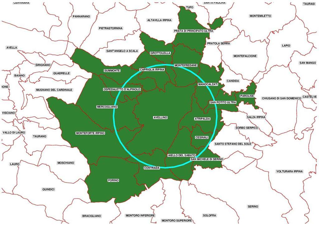 Figura 15 - Area urbana di Avellino ipotesi raggio vettore Tabella 17 - Comuni rientranti nell area urbana di Avellino Confini comunali inscritti nel raggio vettore - Avellino Codice ISTAT Nome