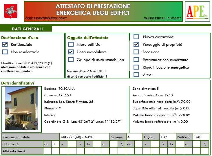 ATTESTATO PRESTAZIONE ENERGETICA (APE) Codice identificativo con il numero