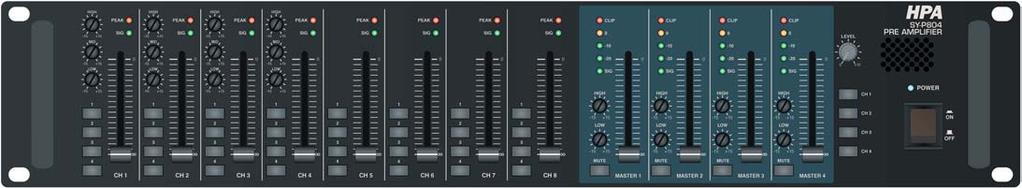 PRE-MIXER a 4 Zone Controlli Fronte: 4 Mic/Line Input Level (CH1-4) con 3-band EQ e selettori Zone 1/2/3/4-4 Line Input Level (CH5-8) e selettori Zone 1/2/3/4-4 Output Level con 2 controlli Tone e