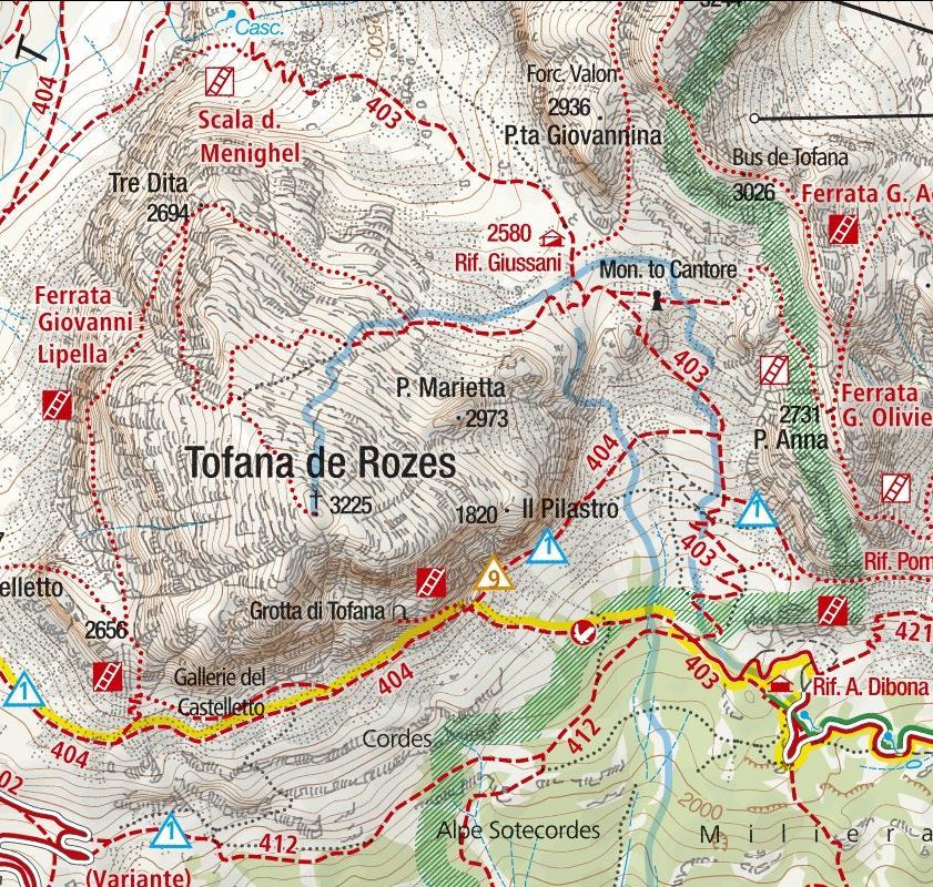 Mappa dell escursione: Dati tecnici: Per chi effettua la salita per la via ferrata Lungo itinerario che richiede una buona preparazione fisica Disl. 1.300 mt. Diff.