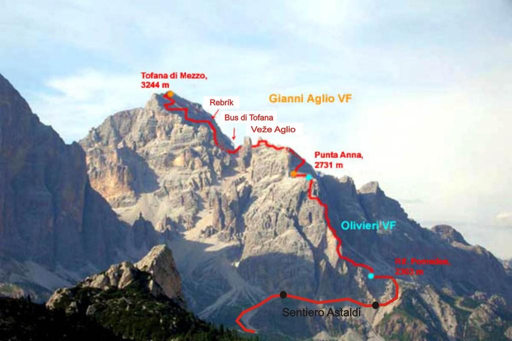 10.9.2014 DOLOMITY vertical 2014 hodiny. Z vrcholu najprv jednoducho po hrebeni a pred treťou vežou Pomedes začína via ferrata Gianni Aglio (tiež nazývaná aj Via ferrata Tofana di Mezzo).