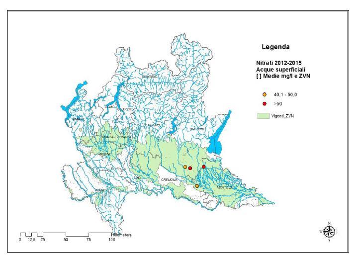 ZVN Concentrazioni nitrati corsi d acqua Quadriennio