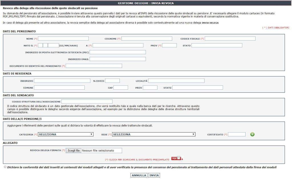 Operazione di Revoca FASE 1 Inserimento dati : dati anagrafici soggetto, documento di revoca firmato dal soggetto, numero documento identità identificativo del soggetto e dati