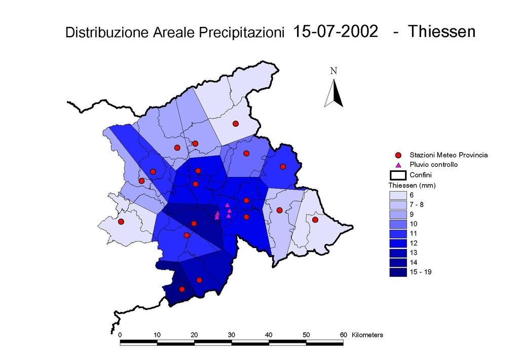 Ragguaglio spaziale poligoni di Thiessen Il metodo grafico di Thiessen definisce l area di influenza di una stazione