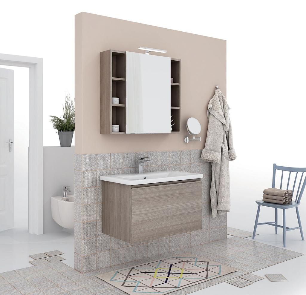 Soft 80 1 cassettone; Specchiera: Specchio contenitore City con lampada a led; Lavabo: Top lavabo