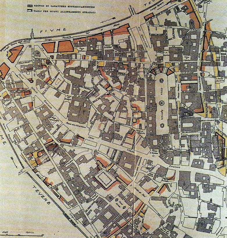 Quartiere del Rinascimento, Roma 1913-18 Giovannoni propone di sfoltire il tessuto edilizio demolendo gli edifici che causavano una riduzione della sezione stradale (come quelli che, ad esempio,