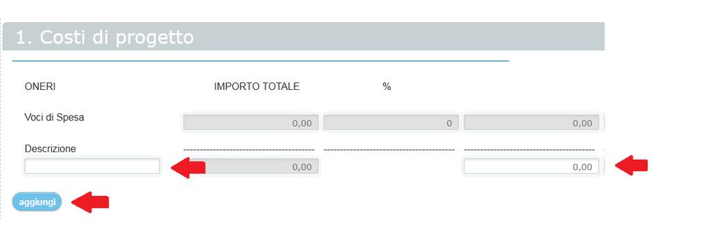 1. Costi di progetto La compilazione della tabella Costi di progetto va gestita suddividendo le spese di gestione del progetto per categorie.