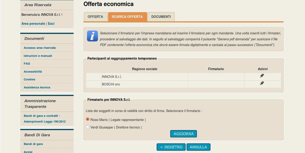 firmatario. Cliccare sull icona di modifica presente nella colonna Azioni in corrispondenza del nominativo dell operatore mandatario/capogruppo del raggruppamento (vedi immagine seguente).