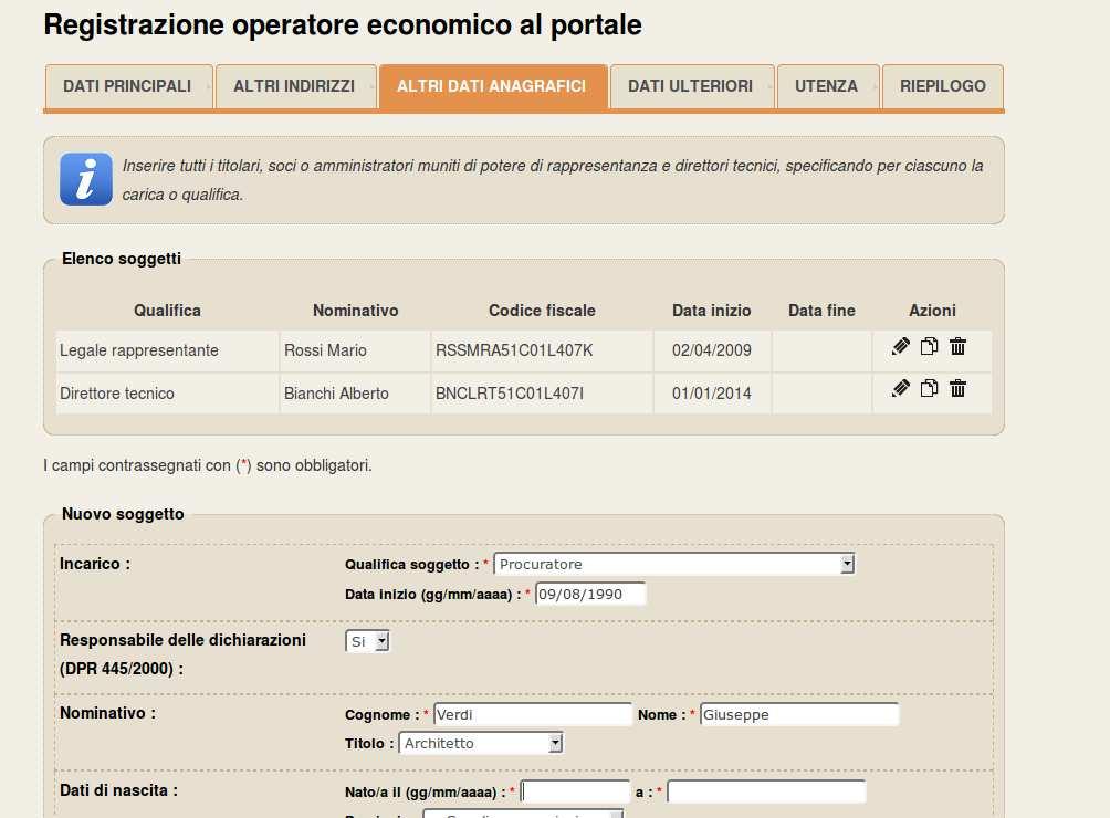 Procedere con l inserimento di tutti i titolari legali rappresentanti, soci o amministratori muniti di potere di rappresentanza e direttori tecnici, specificando per ciascuno la carica o qualifica.