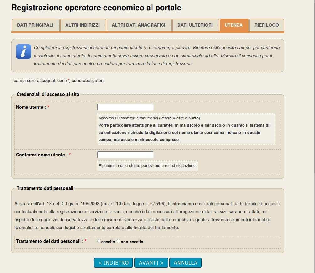 Nella scheda relativa all utenza inserire il nome utente (a scelta dell operatore economico) che si intenderà utilizzare in un