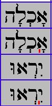 Esempi: La prima parola, che significa l uomo, si legge haadàm; il metegh (indicato in rosso) avverte di frenare la pronuncia dopo la prima a; per capirci, la parola non va letta tutta di seguito