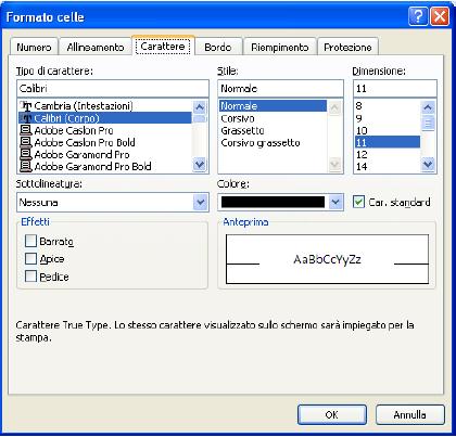Carattere Tipo di carattere (FONT) Stile: Normale Corsivo Grassetto