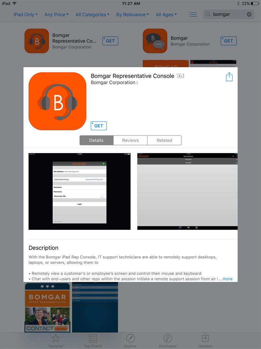 Installare la console del tecnico di supporto per ios La console del tecnico di supporto Bomgar per ios è disponibile per il download gratuito dall App Store di Apple.