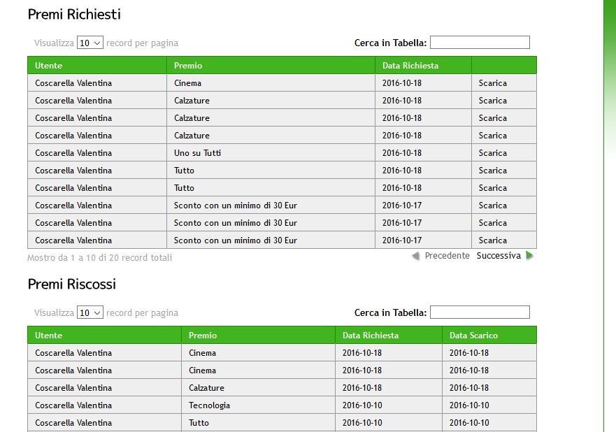 LA PIATTAFORMA: Lato negozio LA SEZIONE SCARICA PREMI IL NEGOZIANTE in questa sezione potrà: - Visionare il tipo di buoni o coupon richiesto da ogni