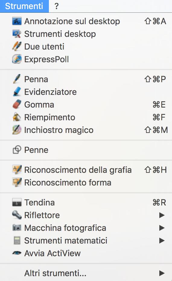 VEDIAMO IL MENU Menù Strumenti Il menù strumenti ci permette di Inserire annotazioni sul desktop e su altri documenti aperti sul desktop Strumenti di disegno e grafica (penna, evidenziatore, gomma,