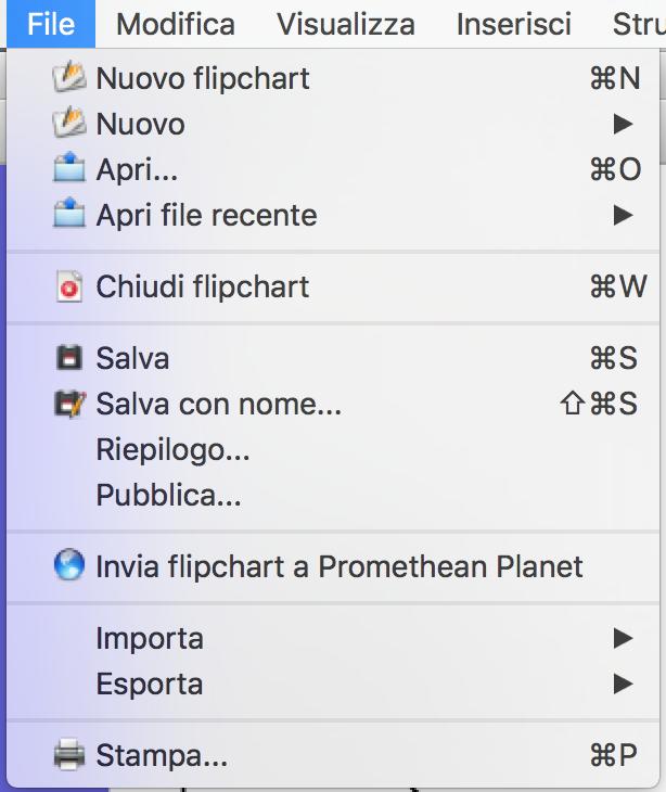 VEDIAMO IL MENU Cominciamo dal menù File Il flipchart è il documento con cui lavoriamo su ActivInspire.