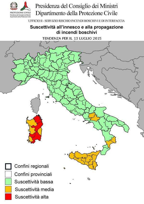 CONDIZIONI DI SUSCETTIVITA' ALL'INNESCO E ALLA PROPAGAZIONE DI INCENDI BOSCHIVI PREVISTE PER IL 13 LUGLIO 2015 BASSA MEDIA ALTA VALLE D'AOSTA AO PIEMONTE LOMBARDIA TRENTINO A. A. VENETO FRIULI V.