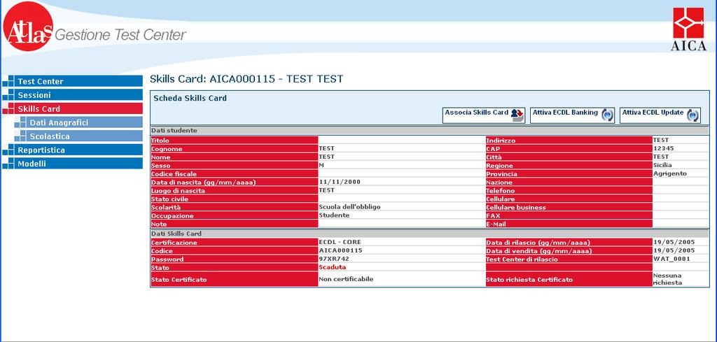 Se la Skills Card non è stata venduta dal Test Center è possibile ricercarla come Skills Card esterna inserendo i dati richiesti ( Codice skills card, Cognome, Nome e data di nascita) (Fig.