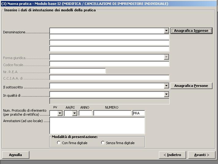 (fig. 1) Dopo aver inserito i dati dell impresa cui si riferisce la denuncia e i dati della persona che presenta la pratica e firmerà digitalmente il modello (oltre