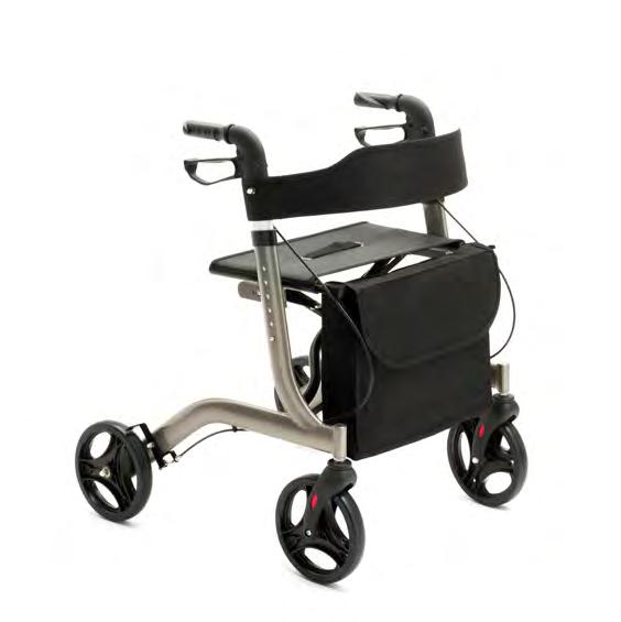 Rollators e deambulatori Rollators and walkers R24 Rollator pieghevole in alluminio verniciato. Ruote da 8 in PVC. Seduta in tessuto. Borsa portaoggetti removibile in tessuto.