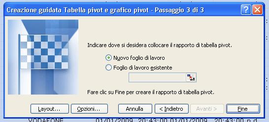 5 Scelta del foglio in cui inserire la tabella pivot Selezionando il pulsante FINE comparirà una finestra in cui sul lato destro vengono visualizzate tutte le variabili Elenco campi della tabella