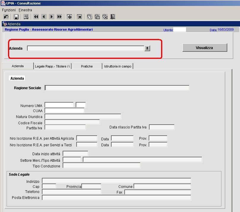 10.1 AZIENDA Consente l individuazione e la selezione di una azienda da un elenco a tendina come da immagine seguente: Sono visualizzate tutte le informazioni anagrafiche della azienda e le relative