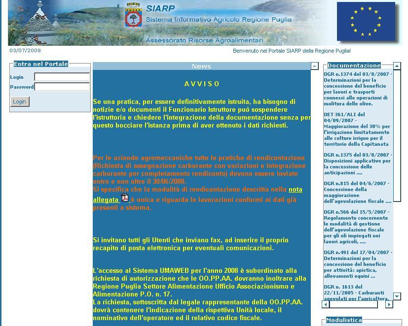 2 CONNESSIONE AL SISTEMA U.M.A. R.P. Controlli Ex Post 2.1 COME SI ACCEDE A U.M.A. R.P. CONTROLLI EX POST Si accede ad U.M.A. Controlli Ex Post dal portale Sistema Informativo Agricolo Regione Puglia (SIARP), all indirizzo www.