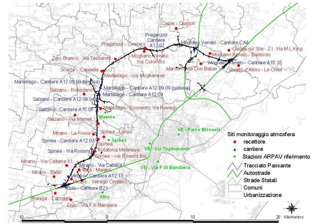 Fig. 1 - Siti di monitoraggio per la componente Atmosfera e stazioni fisse di riferimento della rete ARPAV aggiornamento agosto 10.