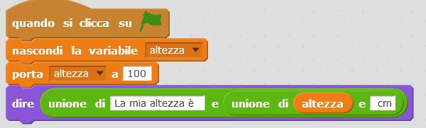 ESEMPIO: Supponiamo di voler far DIRE allo sprite che la sua altezza è di 100 cm e di voler usare la variabile altezza piuttosto che