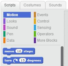 BLOCKS TAB: SCRIPT La Blocks tab prevede 10 categorie di blocchi dette palette : Motion (movimento) Looks (aspetto) Sound (suono) Pen (penna) Data (variabili e liste)