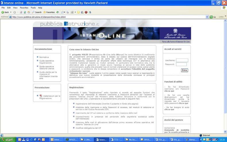 Inserire Username e password Home page Istanze on-line RTI : HP