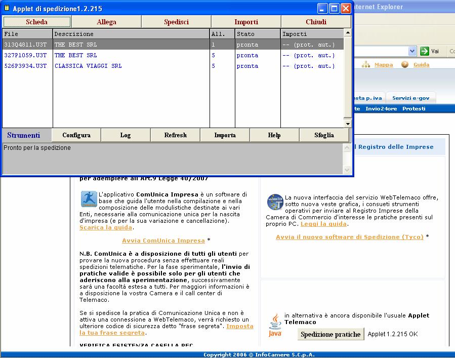 Cliccare su Configura procedere alla configurazione dei dati relativi al soggetto che spedisce la pratica e al