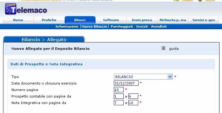 Inserire i dati del bilancio. N.B. Attenzione al numero delle pagine per l indicizzazione N.B. Non inserire gli allegati (Verbale, Relazioni varie, Dichiarazione sostitutiva, Documenti d identità, ecc.